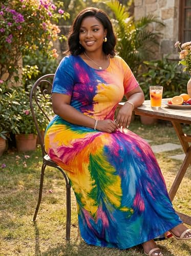 Image of SUZONANA Plus Size Maxi Dress for Curvy Women Summer Casual Sundress Short Sleeve Loose Vacation Dress
