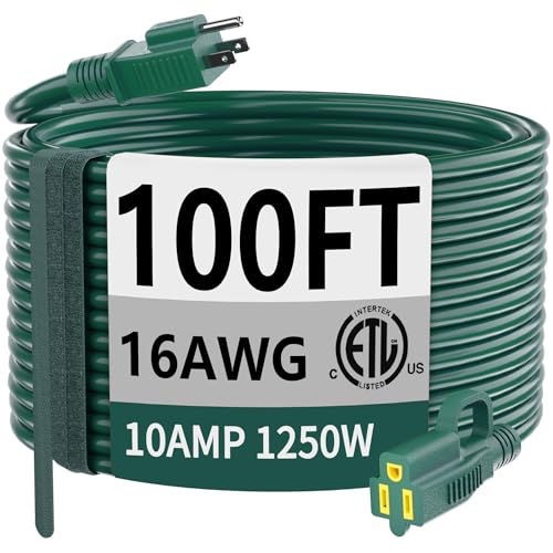 HUANCHAIN Indoor Outdoor Green Extension Cord 100 ft Waterproof, 16/3 Gauge Flexible Cold-Resistant...