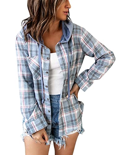 happlan Women's Hooded Flannel Plaid Button Down Shacket Brushed Shirt Jacket Coat Tops
