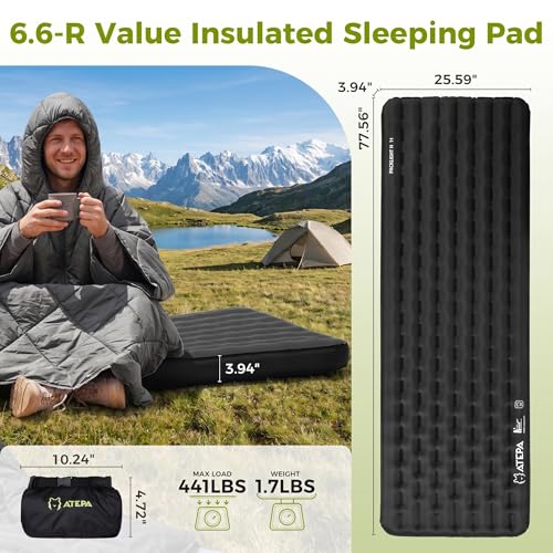 Image of ATEPA ThermAir Pro Insulated Sleeping Pad for Backpacking, 6.6 R-Value 4 inch Thick Ultralight Quiet Camping Air Mattress with Pump Sack, Wide Long 77 inchx25 inch, 4-Season Sleeping Mat for Hiking Travel, Black