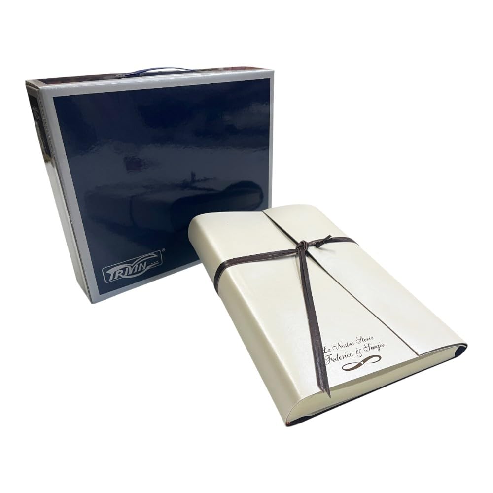 TriVin Art Album Fotografico Artigianale, Double Perla- in Ecopelle bicolore, personalizzabile con incisione. classico con velina Compleanno Regalo Wedding Eventi (Perla/Marrone)
