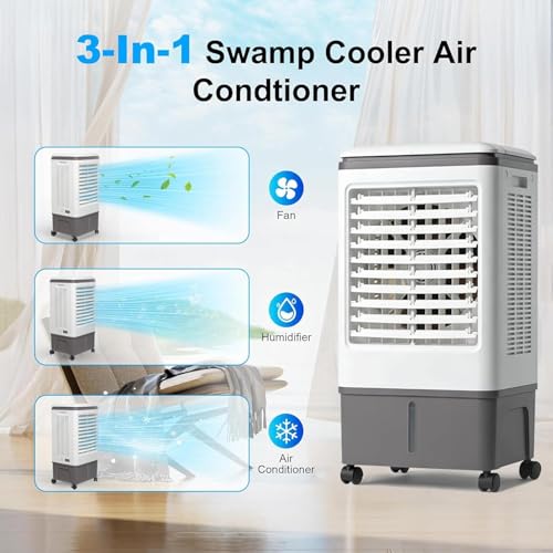 Evaporative Air Cooler, TDOO Cooling Fan with 3 Modes & 3 Speeds, Windowless Air Conditioner with 12-H Timer Remote Control，Portable ac Unit w/ 30L Water Tank, Fast Cooling for Room
