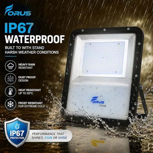 Image of Forus 100W LED Flood Light, IP67 Waterproof Outdoor LED Floodlight, 4-Yrs Warranty High Mast Focus Natural White, Energy Efficient Halogen Replacement for Factory, Garage, Parking, Garden, Shop (1 PC)