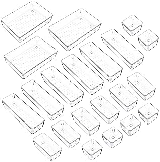 HEETA Set of 21 Desk Drawer Organiser Trays with Non-Slip Silicone Pads, 4-Size Clear Plastic Storage Boxes Divider for Makeup, Jewelries, Utensils in Bedroom Dresser, Office and Kitchen(Transparent)