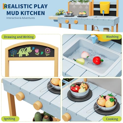Mud Kitchen for Kids Outdoor Wooden Pretend Play Kitchen Set with See-Through Planter Box, Removable Sink & Faucet, Chalkboard, Storage Shelves＆Pretend Stove Montessori Learning Playset Toy for Toddle