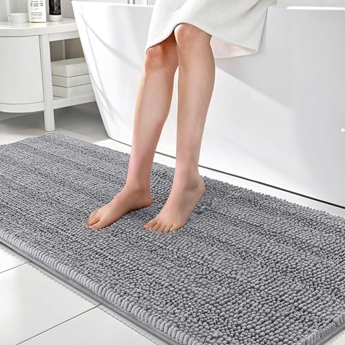 Image of OLANLY Thick Bathroom Runner Rugs 70x24, Absorbent Chenille Striped Bath Rugs, Rubber Backing, Machine Wash Dry, Extra Long Bath Mats for Bathroom Floor, Tub and Shower, Home Decor Accessories, Grey