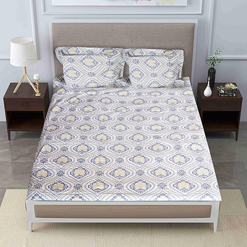 Image of Pure Source India Pure Cotton Elegance Bedding Set, Dreamy Cotton Comfort Double Bed Sheet with Pillow Covers (Jaipuri Olive Blue)