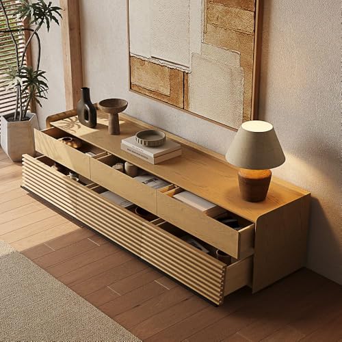 Image of POVISON 79 inch Fully Assembled Mid Century Modern TV Stand with LED Lights, Media Console with 6 Drawers, Wood Slatted Entertainment Center, No Assembly Required, Fits 75-85 Inch TV