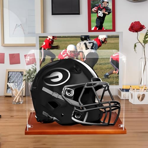 Image of Hooqict Football Helmet Display Case Acrylic Clear with Solid Wood Base UV Protected Full Size Football Helmet Case Display Holder Stand for Hockey Baseball Motorcycle Sports Collections