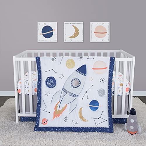 Sammy & Lou Cosmic Rocket 4 Piece Crib Bedding Set for Boys | Space Themed Nursery Comforter/Quilt, Fitted Crib Sheet, Crib Skirt, and Plush Rocket Ship