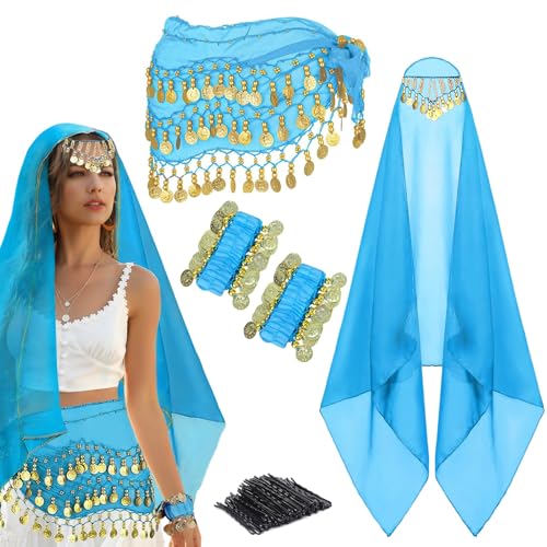 4Pcs Belly Dance Outfit Sets Belly Dance Chiffon Hip Scarf with Coins Gypsy Head Scarf with Coins 2 Coin Wrist Bracelet 50 Pcs Bobby Pins for Women Girls Birthday Rave Costume Accessory (Blue)