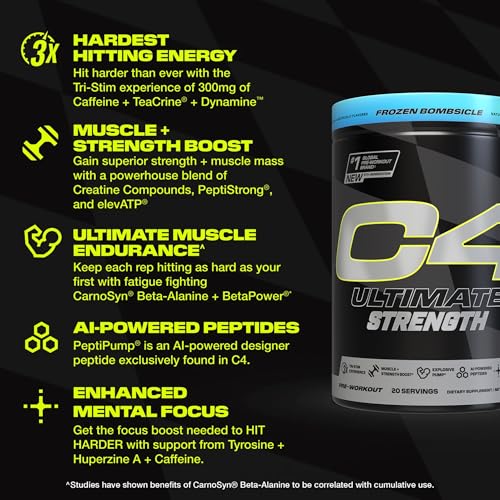 Image of Cellucor C4 Ultimate Strength Pre Workout Powder - Tri-Stim Experience 300mg Caffeine+TeaCrine+Dynamine - Creatine & Beta-Alanine - Energy Supplement for Men & Women - Frozen Bombiscle, 20 Servings