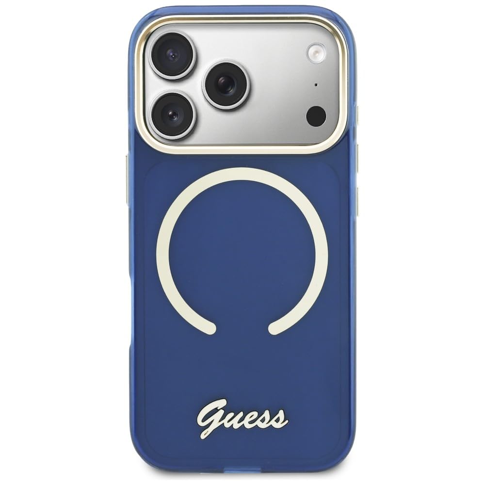 CG MOBILE Guess IML Script Metal Compatible avec MagSafe Coque pour iPhone 17 Pro Max (Bleu)