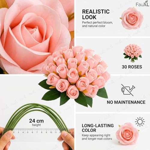 Image of Set of 24 Pcs Artificial Rose Flowers Bunches for Vase - Home Decoration Gift Items for Living Room Corner Table Top Bedroom Wedding (Pot Not Included) - 24 CM (Light Pink)