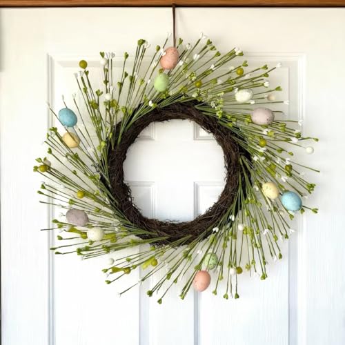 HipTree 16 Inch Farmhouse Easter Wreath for Front Door, Artificial Pastel Spring Wreath with Mini Easter Eggs, Handcrafted Wreaths for Entryway Mantel Window Indoor Outdoor Decorations
