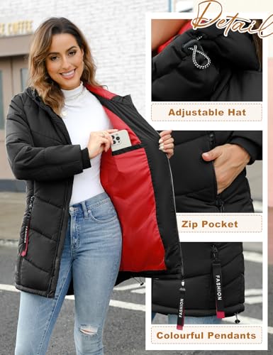 Yuson Girl Wintermantel Damen Warm Steppjacke Parka Lang Mantel Winter Jacke mit Kapuze Herbst Winter Steppmantel Outdoorjacke Elegant Kapuzenmantel mit Zipper, Tasche(Schwarz, M)