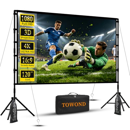 Image of Outdoor Projector Screen with Stand, TOWOND 120 inch Projection Screen, Movie Screen 16:9 HD Foldable Anti-Crease Support Double Sided with Carry Bag for Outdoor Indoor