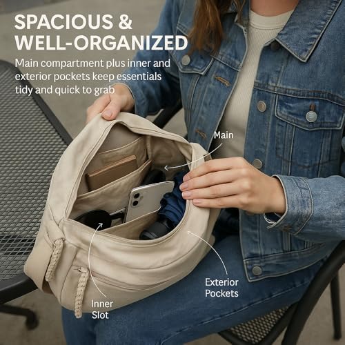 Nylon Sling Bags for Women, Casual Crescent Crossbody Purse Lightweight Multipocket Shoulder Bag for Commuting Travel3