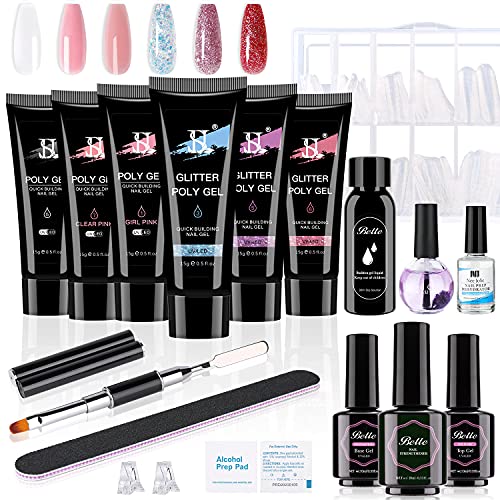 Poly Nails Gel Kit - Glitter Poly Nails Gel 6 Colors Builder Gel Nude Nature Series Nail Extension Gel Nail Enhancement Manicure Kit for Gel Polish Starter and Professional Nail Technician