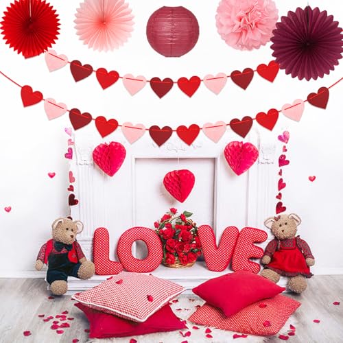Image of Galentines Party-Decorations Valentines Day Heart-Garland - 52ft Burgundy-Red Rose-Gold Streamers Paper Banner, Anniversary Baby Shower Wedding Hanging Decor Hugfond