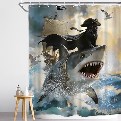 Image of Funny Black Cat Shower Curtain Riding Shark 60Wx72H Inch Decor