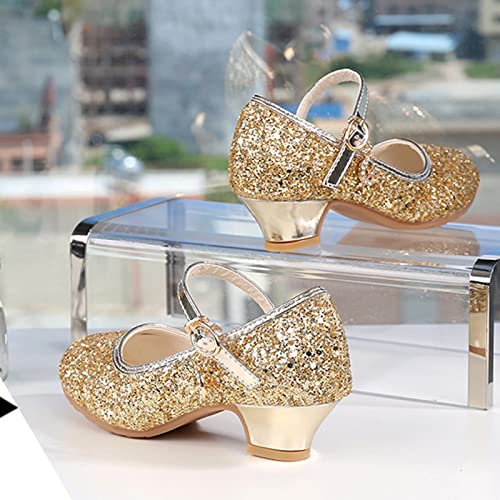 Girls Mary-Jane Glitter Shoes Low Heel Princess Flower Wedding Party Dress Pump Shoes for Toddler Princess Shoes (Gold, 8-9 Years Little Child)3