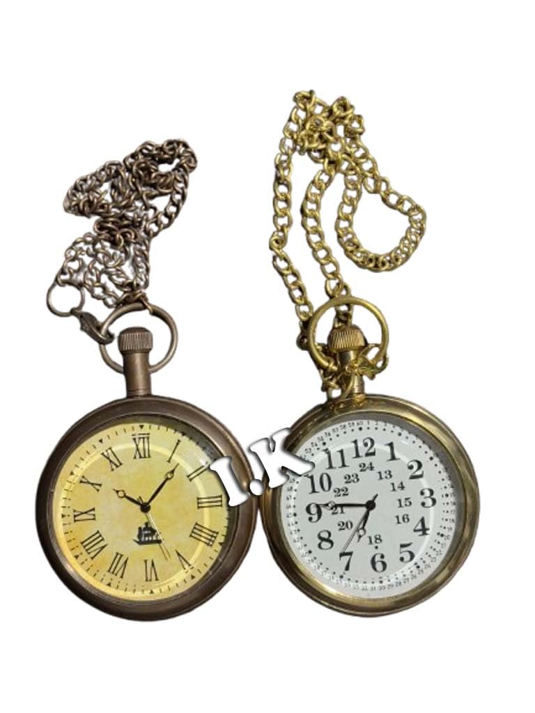 Vintage Style Pocket Watch with Long Chain, Metal Case, Antique Indian Design Set of 2-image-24