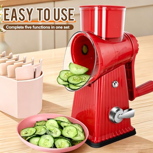 Image of Rotary Cheese Grater with 5 Well-designed Blades & Strong Suction Base, Kitchen Mandoline Vegetable Slicer with Blade Storage Box (RED)