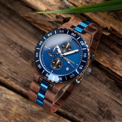 2win Engraved Wooden Watches for Men Blue Date Chronograph Military Luxury Personalized Customized Wrist Watches Anniversary Watch Gift for Husband My Man Boyfriend - Image 4