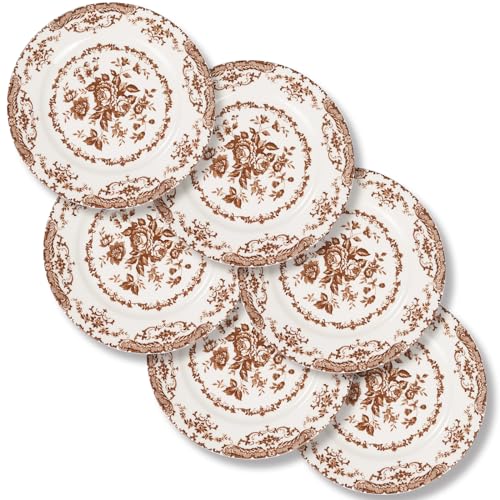 HomeElves Salad Plates, 8.5 Inch Ceramic Plates Set of 6, Kitchen Plates Microwave Safe Plate, White Porcelain Dessert Porcelain Serving Dishes, Brown
