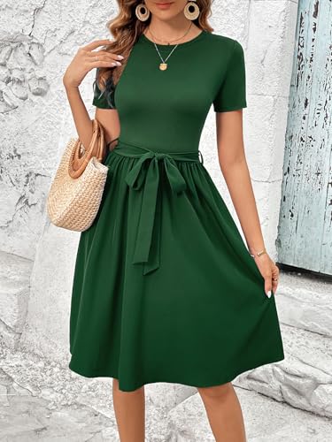 Image of Women's Elegant Vintage Round Neck Short Sleeve Summer Casual Work Party A-Line Dress with Belt 809