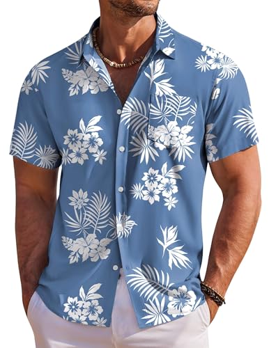 COOFANDY Men's Button Down Short Sleeve Shirts Casual Hawaiian Shirts Summer Beach Shirts, White Flower Blue, X-Large
