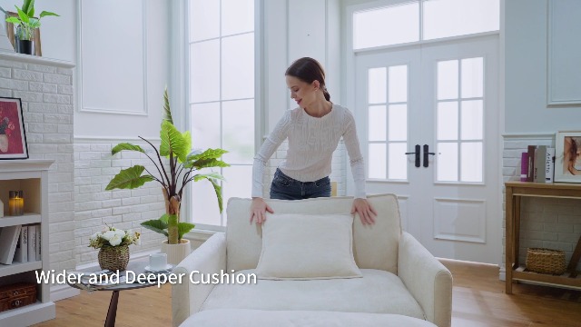 Sillón moderno chenille beige con otomán miniatura 7