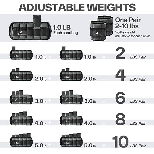 Image of Sportneer Adjustable Ankle Weights 1 Pair 2 4 6 8 10 Lbs Leg Weight Straps for Women Men kids, Weighted Ankle Weights Set for Gym, Fitness, Walking, Jogging,1-5 lbs Each, 2 Pack 2-10 lbs, Dark Grey