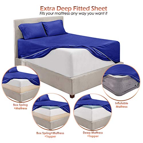 Image of Hearth & Harbor Extra Deep Pocket King Sheets Set - 4 Piece Hotel Luxury Bed Sheets Set Fits Up to 24 inch Mattress - Ultra Soft Luxury Bed Sheet Set - Soft & Breathable, Royal Blue | 4 Piece Bed Sheet Set, Ultra Soft & Breathable, Fits Up to 24 inch Mattress, Hotel Luxury