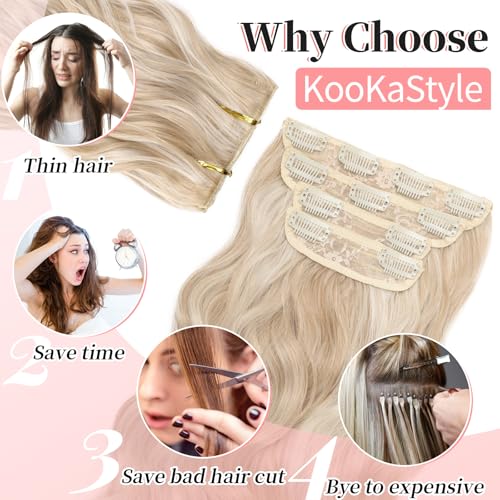 Image of KooKaStyle Wavy Thick Clip in Hair Extensions 20 inch Pearl Blonde | 4 Pieces Clip in Extensions,Fiber Double Weft Hairpieces,Natural Volume,Beach Wave Long Synthetic Hairpieces for Women