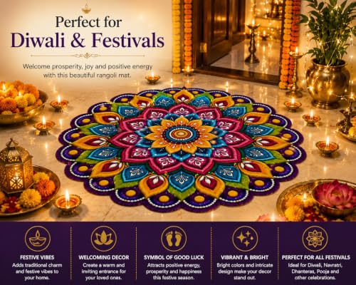 Image of 3D Rangoli | Mandala Art | Floral Door Mat | Water Absorbent, Anti-Skid, Machine Washable Floor Mat | Soft Microfiber Carpet for Home, Living Room & Bedroom | Premium Mat (Mandala Art, Round)