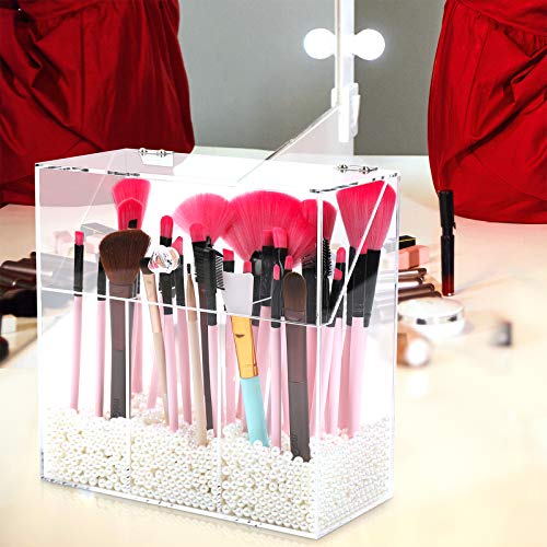 Acrylic Makeup Brush Holder with Dustproof Lid, MUZILAN Large Capacity Acrylic Clear Cosmetic Brush Storage Organizer for Vanity, with 3 Drawers and Pearls