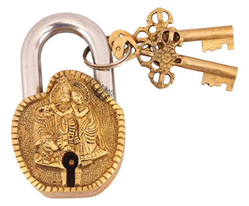 Image of Indian Art Villa Handmade Old Vintage Style Antique Radha Krishna Ji Design Brass Security Lock with 2 Keys Om Design on Back|Home Temple Office