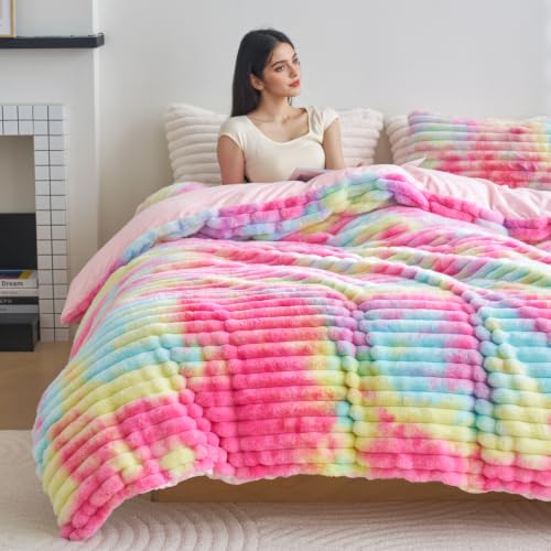 Image of Besfunny Rainbow Fluffy Comforter Cover Queen Size ,Plush Striped Bedding 3pcs Set(1 Fuzzy Duvet Cover+2 Fur Pillow Cases ) Faux Fur Luxury Bed Set (Rainbow, Queen)