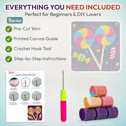 Image of Darice Latch Hook Rug Kit, Lollipop Design DIY Latch Hook Kit for Kids & Adults, Color Canvas, PreCut Yarn & Hook Tool, Craft Activity & Gift for Kids