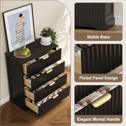 Image of Wooden 4 Drawer Dresser for Bedroom, 36.6 in Tall Fluted Dresser with Metal Handles, Modern Chest of Drawers for Bedroom, Living Room, Entryway, Black