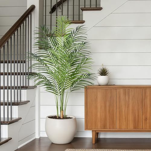Image of 5ft Artificial Palm Tree - 150cm Tall Fake Areca Palm Plant with 13 Leaves and Realistic Bark Design - Faux Tropical Plants with Pot Perfect for Indoor Home, Living Room, or Bedroom Decor