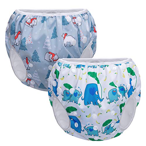 Teamoy Pañales bañadores (2 Piezas) Pañales de natación para bebés, Pañal de Baño Reutilizable, Bañador Pañal Tamaño Ajustable, Elefante + Oso