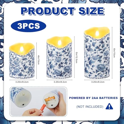 Image of Lebaley 3PCS Chinoiserie Flameless Candles - Blue and White Porcelain Candles with Remote,Floral Battery Operated LED Candles,Blue Pillar Candles Chinoiserie Decor for Home Weddings Party Festivals