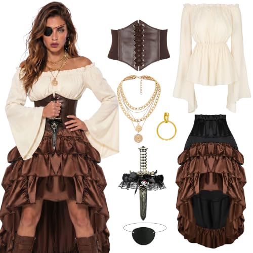 CICOCI Pirate Costume Women Outfits Renaissance Corset Steampunk Skirt Top Pirate Accessories Full Halloween Costume Brown X-Large