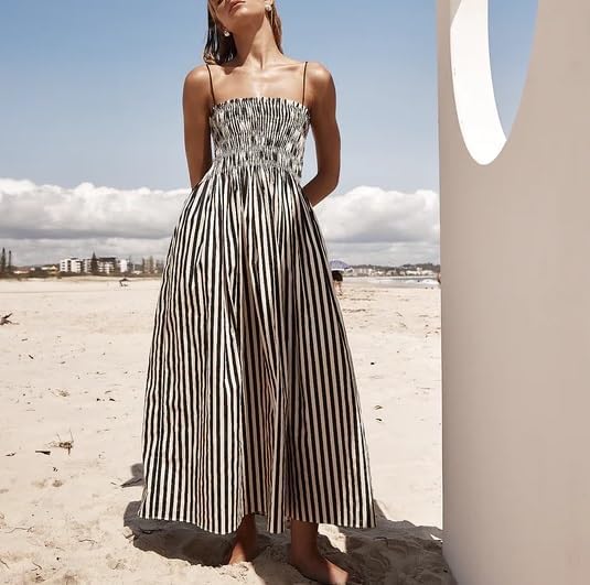 KMBANGI Women Striped Sleeveless Maxi Dress Swing Patchwork Midi Dress Smocked Spaghetti Strap Colorful Long Sundress - Image 2