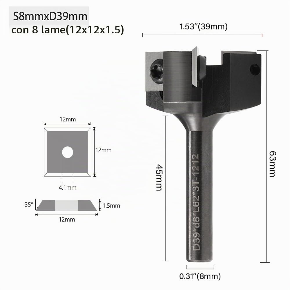Fresa per Spianare Legno Gambo 8mm, Diametro 39mm, Frese con 8 Coltellini Intercambiabili in Metallo Duro (12x12x1.5mm), per Fresatrice Verticale Legno Superiore e Macchine CNC