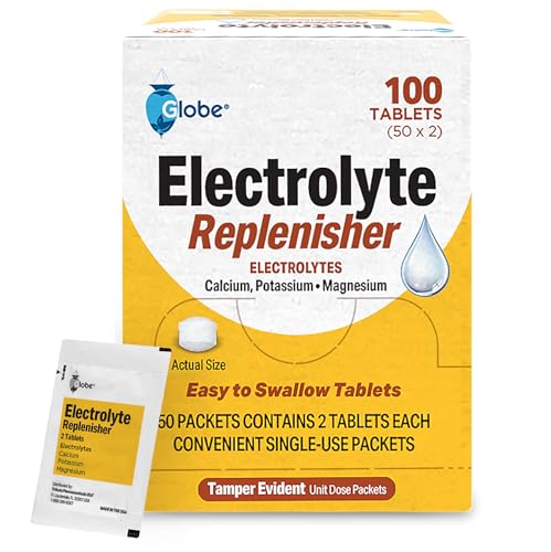 Globe Electrolyte Replacement Tablets for Rehydration Exercise Recovery Youth & Adult Athletes Hiking Camping & Sports Recovery and More... 50 Packets of 2 Tablets Each 100 Count