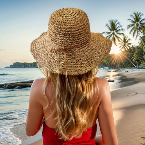 Sombrero de playa de paja para mujer, plegable y hecho a mano miniatura 4